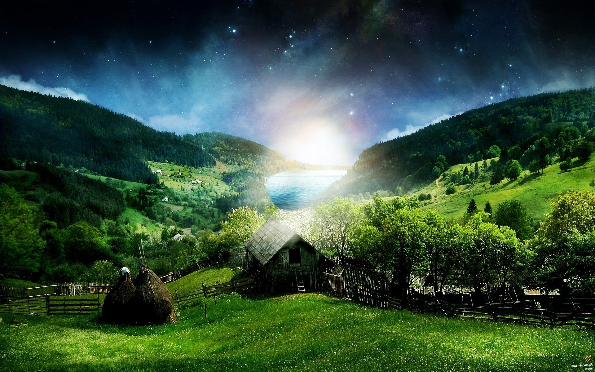 fantasy nature paysage ciel voyage herbe montagnes à l extérieur bois soleil arbre aube été