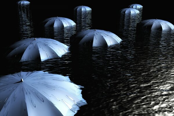 Umbrellas on the background of water during rain