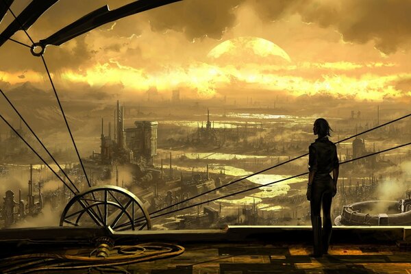 Fantasy. A girl looks at the sunset, standing on the roof