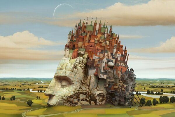 Statue of a head with houses instead of hair