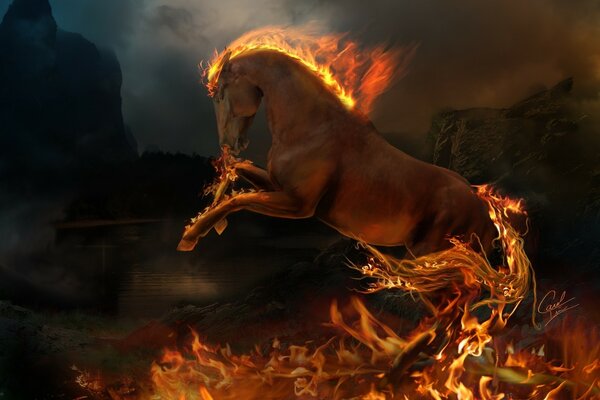 Le cheval de feu se leva sur les sabots arrière
