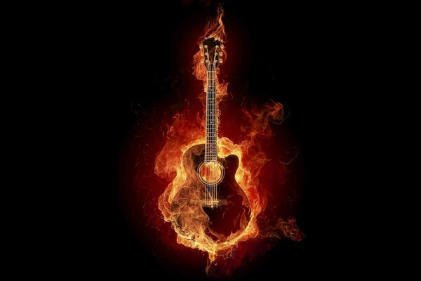 A fiery guitar on a black background