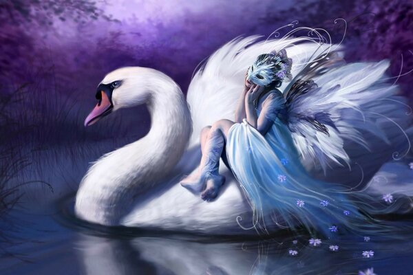 Hada y cisne en un estanque de hadas