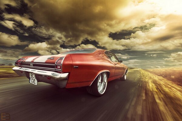 Chevrolet chevelle ss 1969 несется по дороге