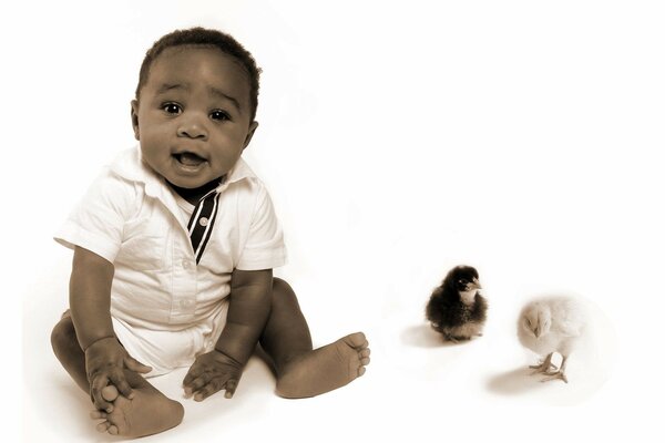 Charming baby with chicks