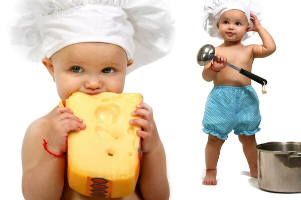 Los niños cocineros son chicos divertidos. Queso delicioso para el bebé