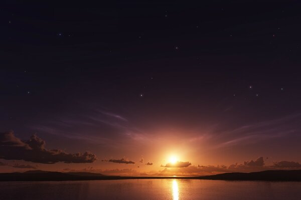 Sky with furrows and sunset over the water