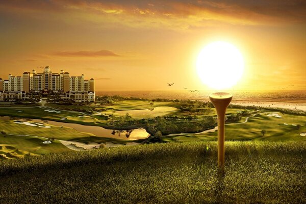 Golf on the background of the city and sunset