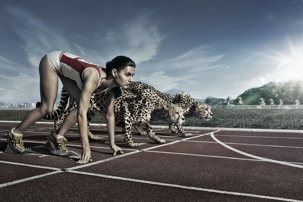 Atleta femminile e giaguari in natura