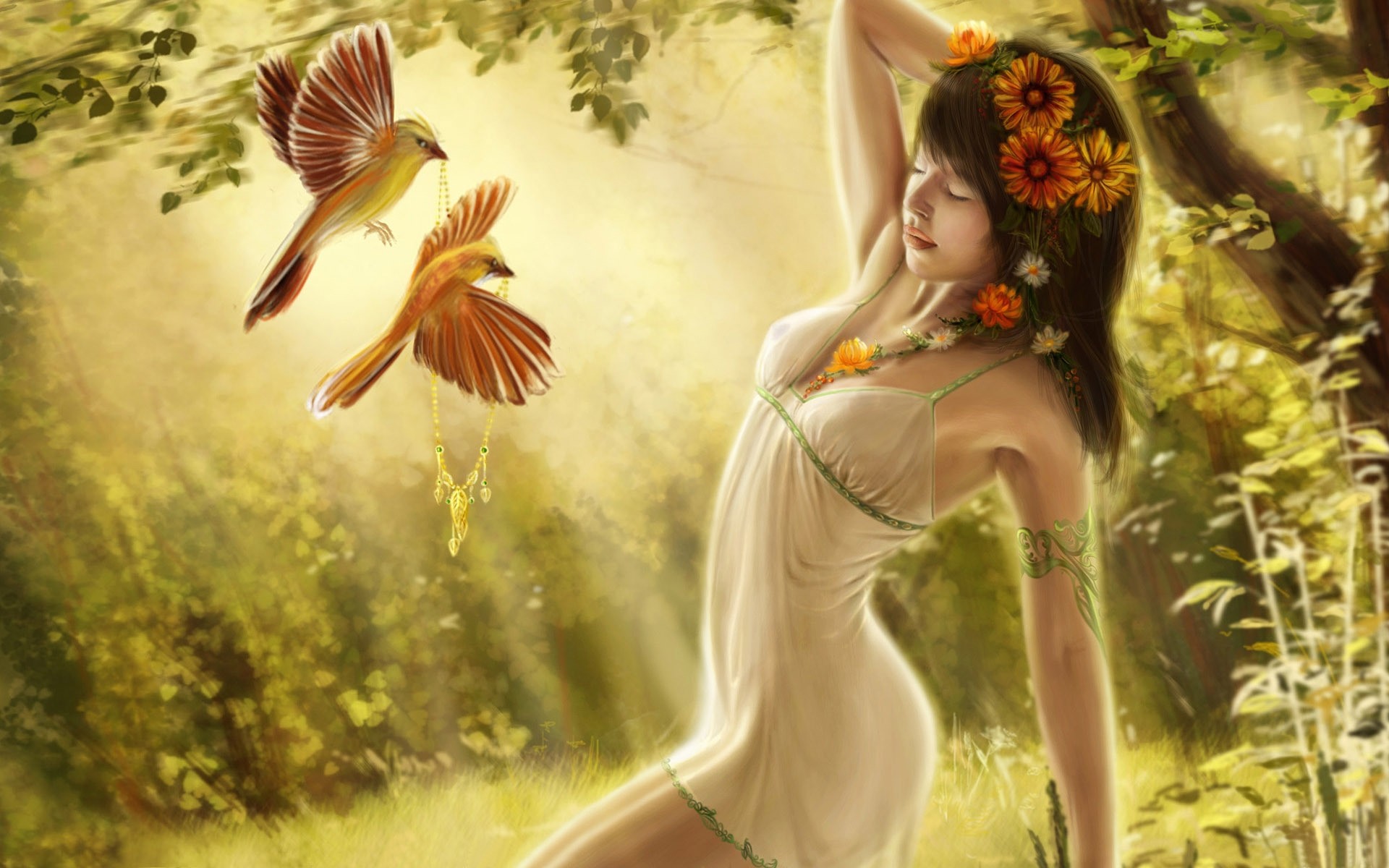 drawings nature woman girl leaf flower art wear beautiful adult outdoors dress one blur nymph water relaxation enjoyment painting