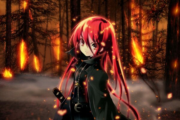 Anime picture of a girl in a burning forest