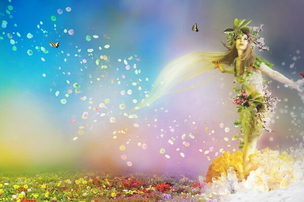 Mermaid in flowers and rainbow splashing