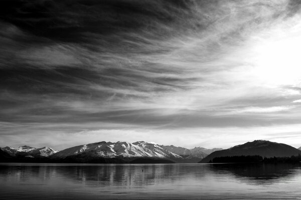 Water surface on the background of mountains