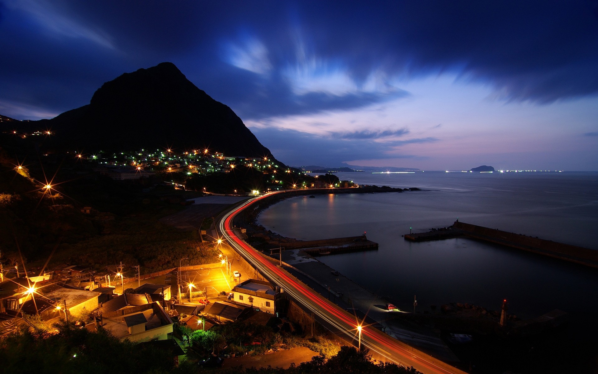 andere städte reisen wasser abend dämmerung transportsystem sonnenuntergang auto stadt meer himmel straße brücke taiwan küste nacht