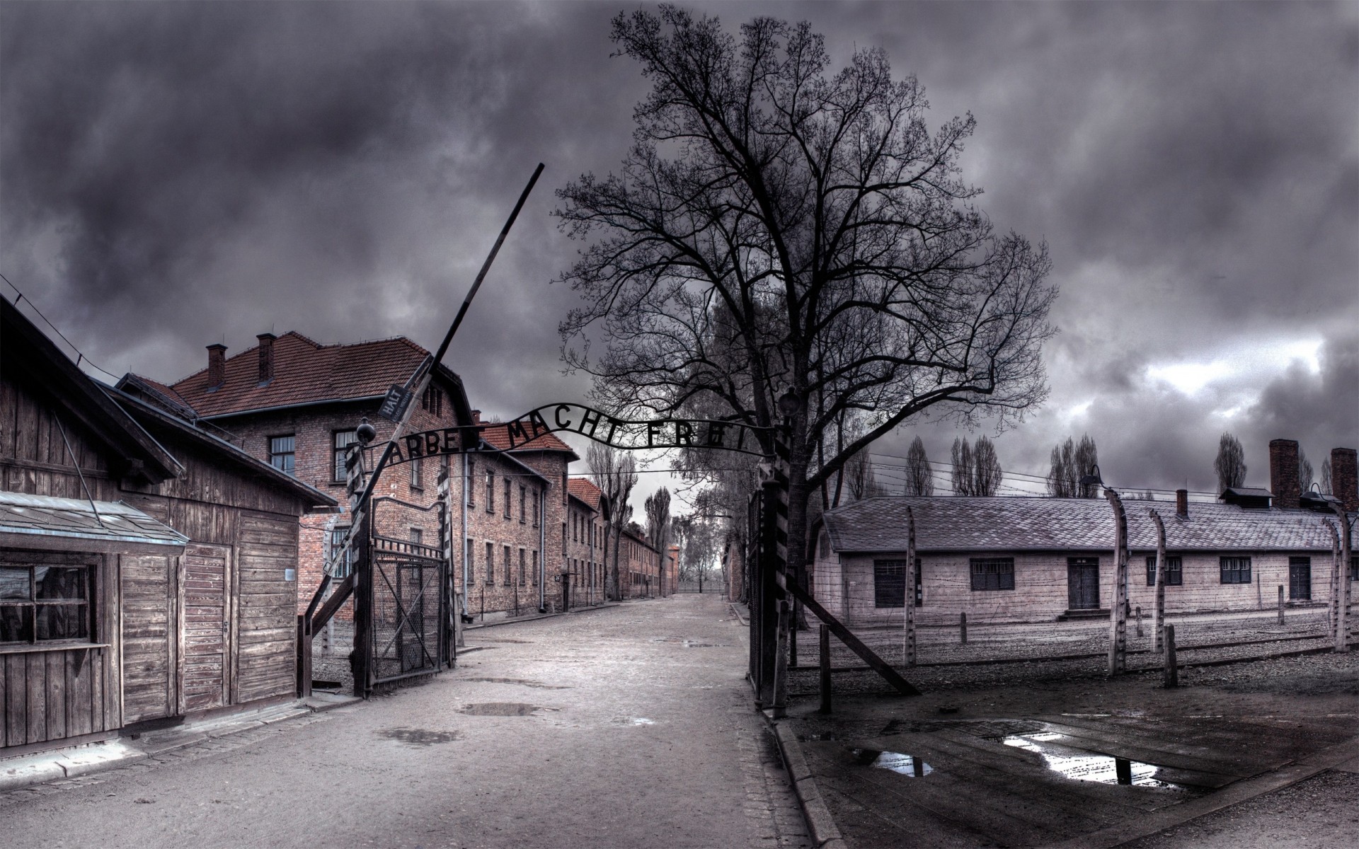 photo manipulation street architecture building war house monochrome storm road home old abandoned auschwitz hdr