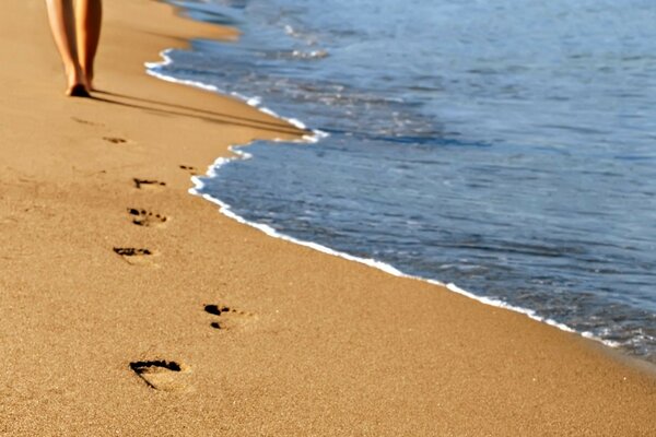 Footprints on the sea sand near the water