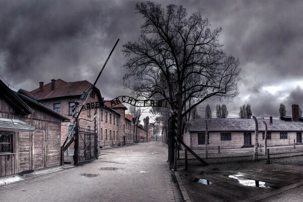 A gloomy view of entering a prison or concentration camp