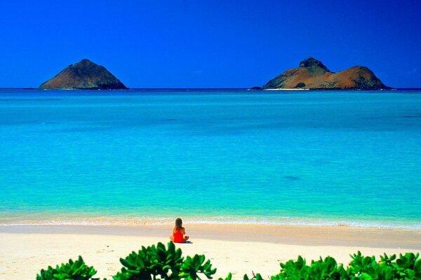 Girl on white sand, island, sea