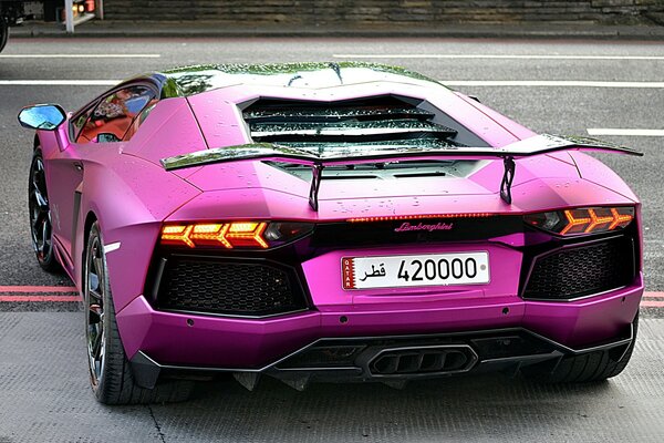 Яркий фиолетовый Lamborghini Aventador с крылом