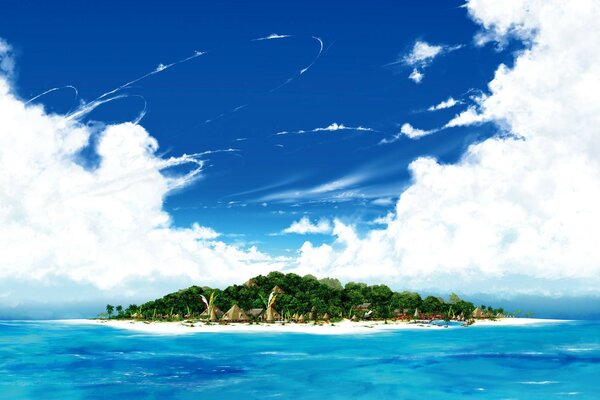 A tropical island in the ocean against a background of white clouds