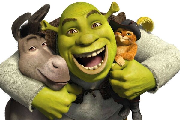 Shrek hugs a donkey and a cat