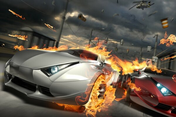 A picture from a racing game, a car on fire