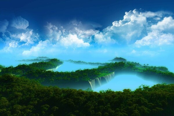 Озеро в лесах водопад облачное небо
