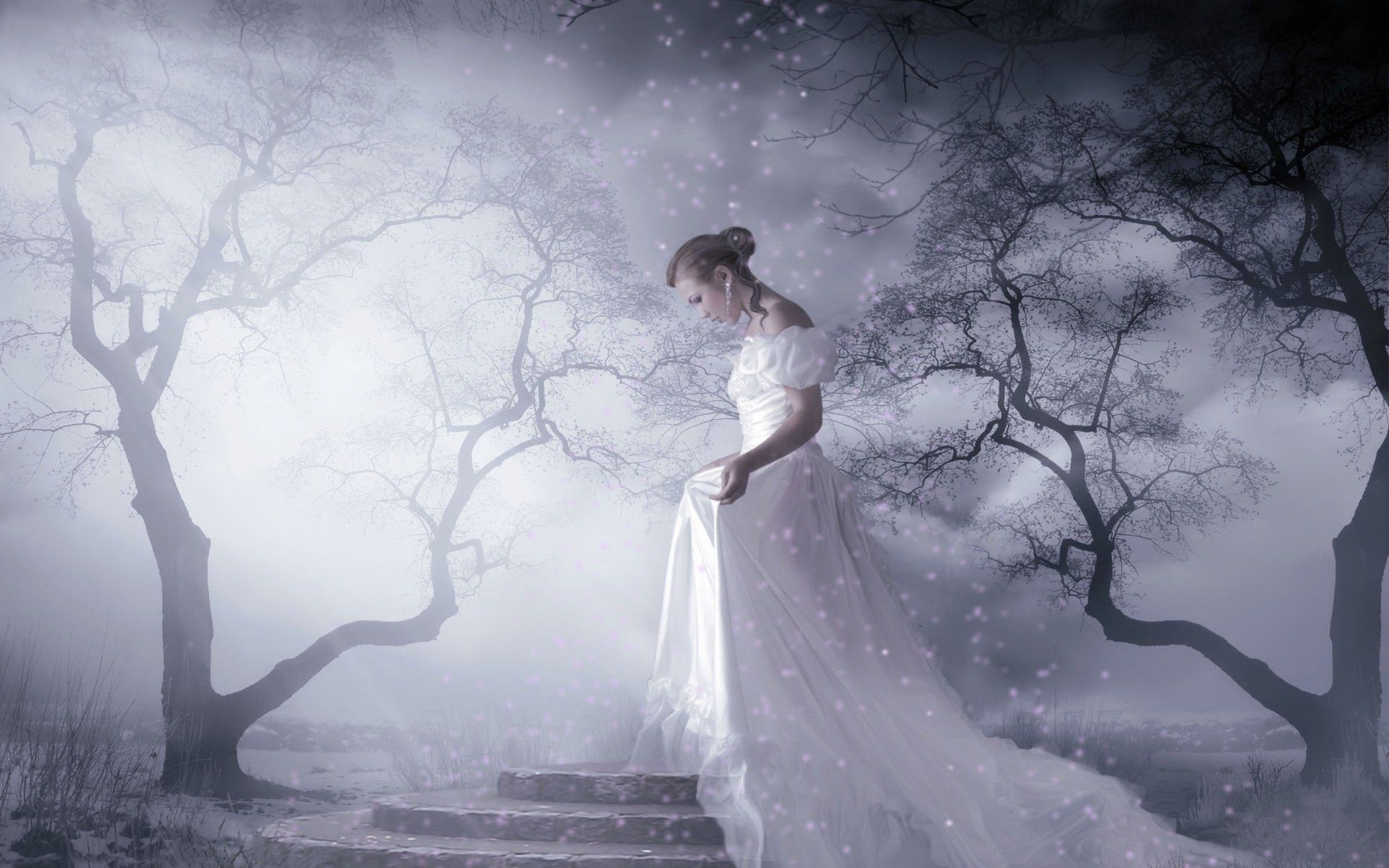 fantasy winter snow tree fog storm weather cold landscape girl nature dawn frost mist adult