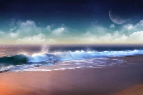 Sea waves and the moon in the clouds