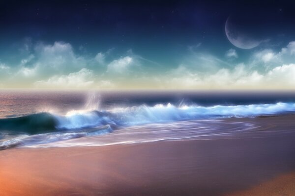 Морські хвилі і місяць в хмарах
