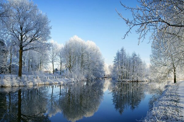 Winter and its reflection in the water background