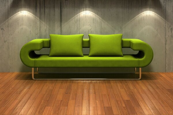 Green sofa on walnut parquet