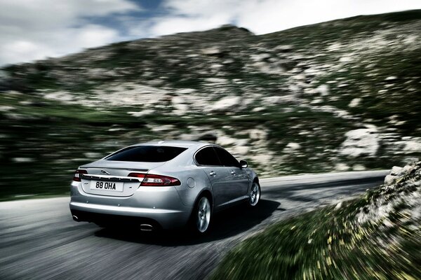 Jaguar car eats at speed on a mountain road