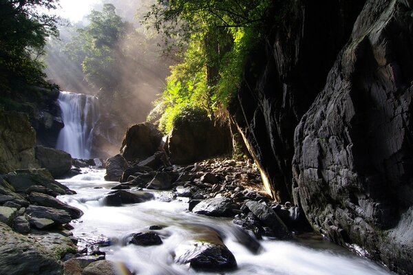 Estrada rochosa para uma cachoeira baixa