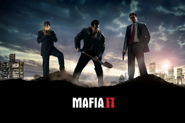 Characters from Mafia 2 are digging outdoors with a shovel