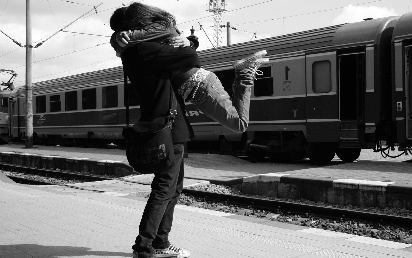 love and romance train railway transportation system vehicle adult man street one monochrome