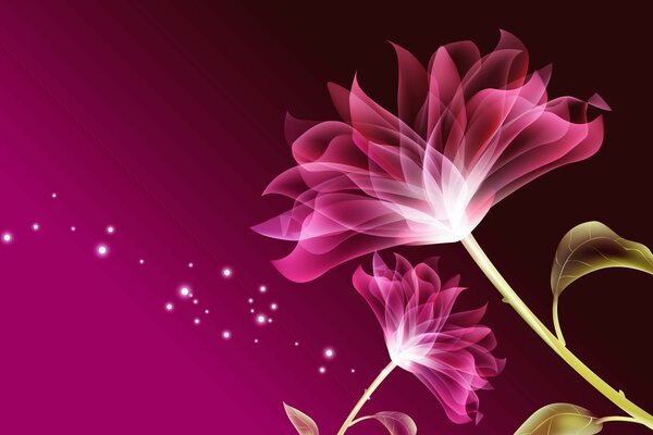 Wallpaper bright pink flowers on a crimson background with sparks