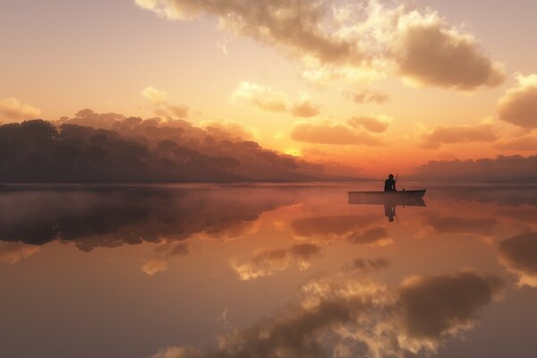 A man meets the sunset in a boat in the evening