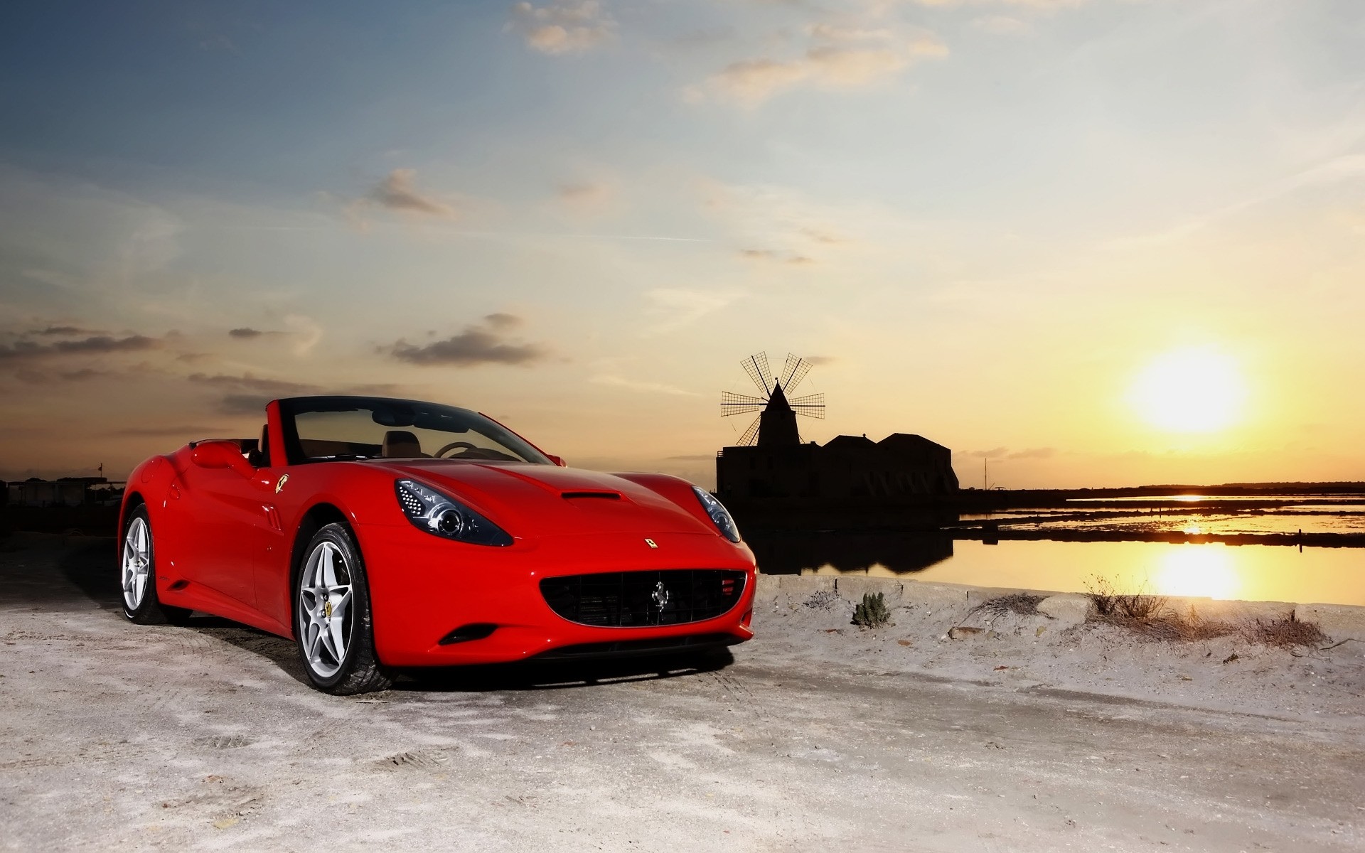 ferrari voiture voiture coucher de soleil plage dépêchez-vous voyage système de transport roues ferrari californie