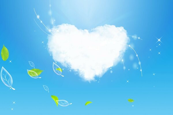 Illustration of a heart of clouds in the sky among the leaves of trees