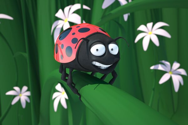 A cheerful ladybug on a leaf in daisies