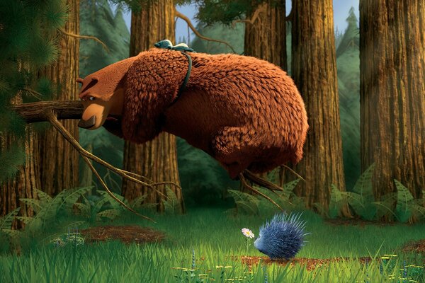 The bear got scared of the hedgehog and climbed a tree