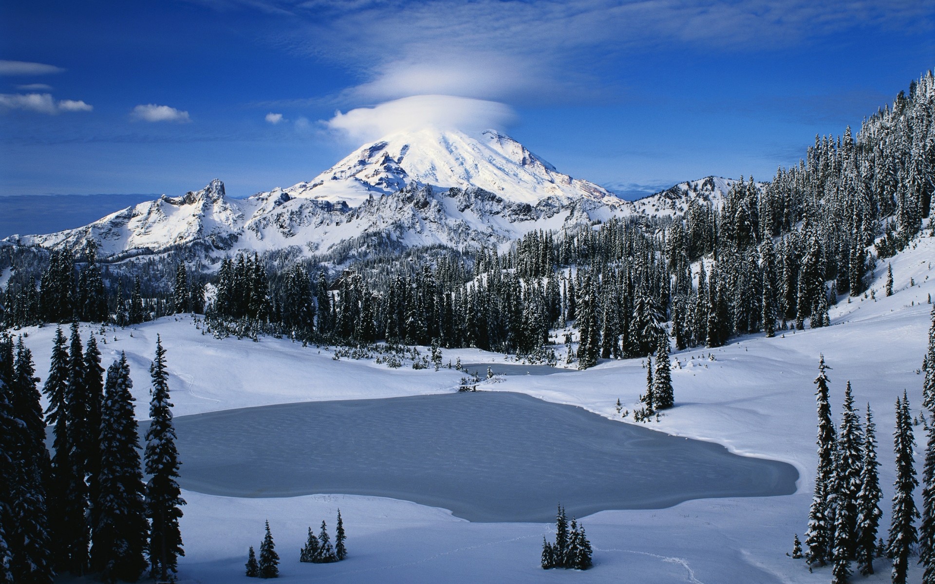 winter snow mountain cold mountain peak wood ice scenic snowy evergreen landscape alpine pinnacle conifer lake trees scenary