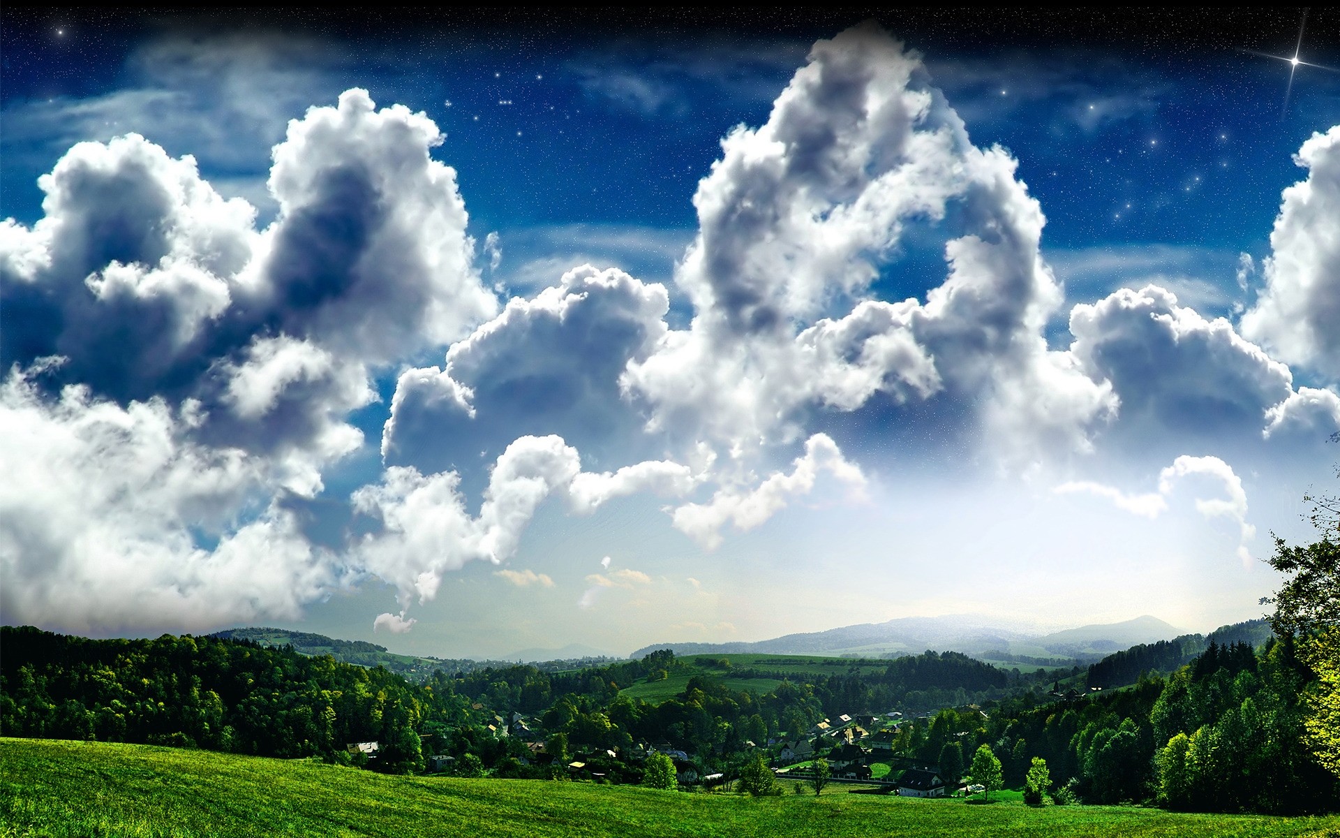 fotobearbeitung landschaft natur himmel wolke sommer des ländlichen gras baum im freien gutes wetter sonne hügel bewölkt feld heuhaufen grün