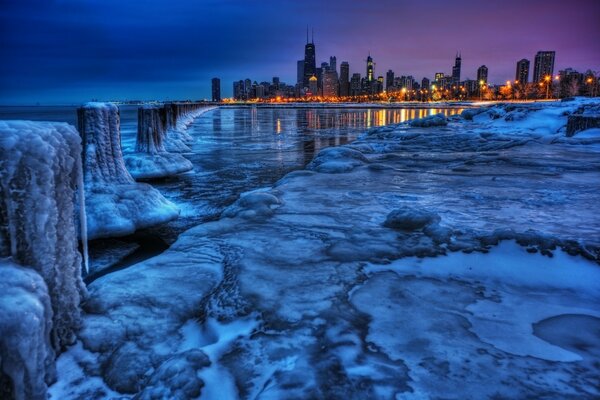 Evening lights of the city in the distance