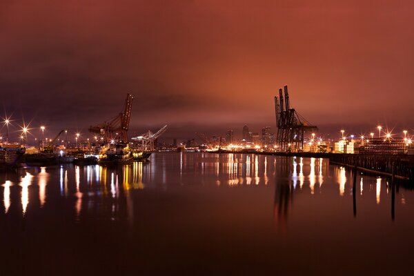 A city with drawbridges in the evening