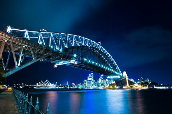 Night bridge is illuminated by lights reflection in the mirror