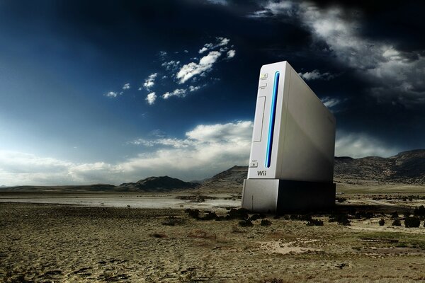 Digital technology in an enlarged size against the background of mountains