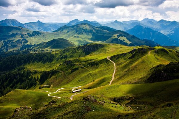 Landscape of green meadows stretching into the distance