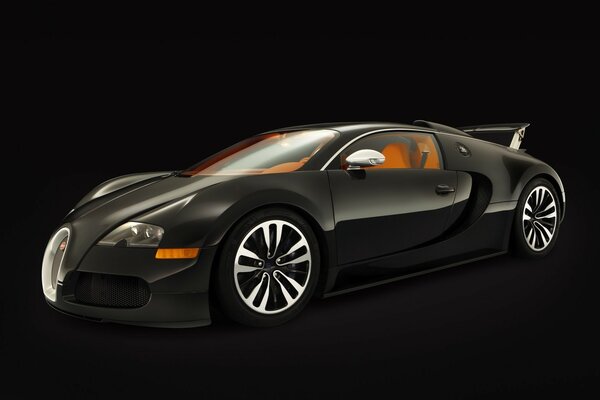 Shiny black Bugatti with orange interior